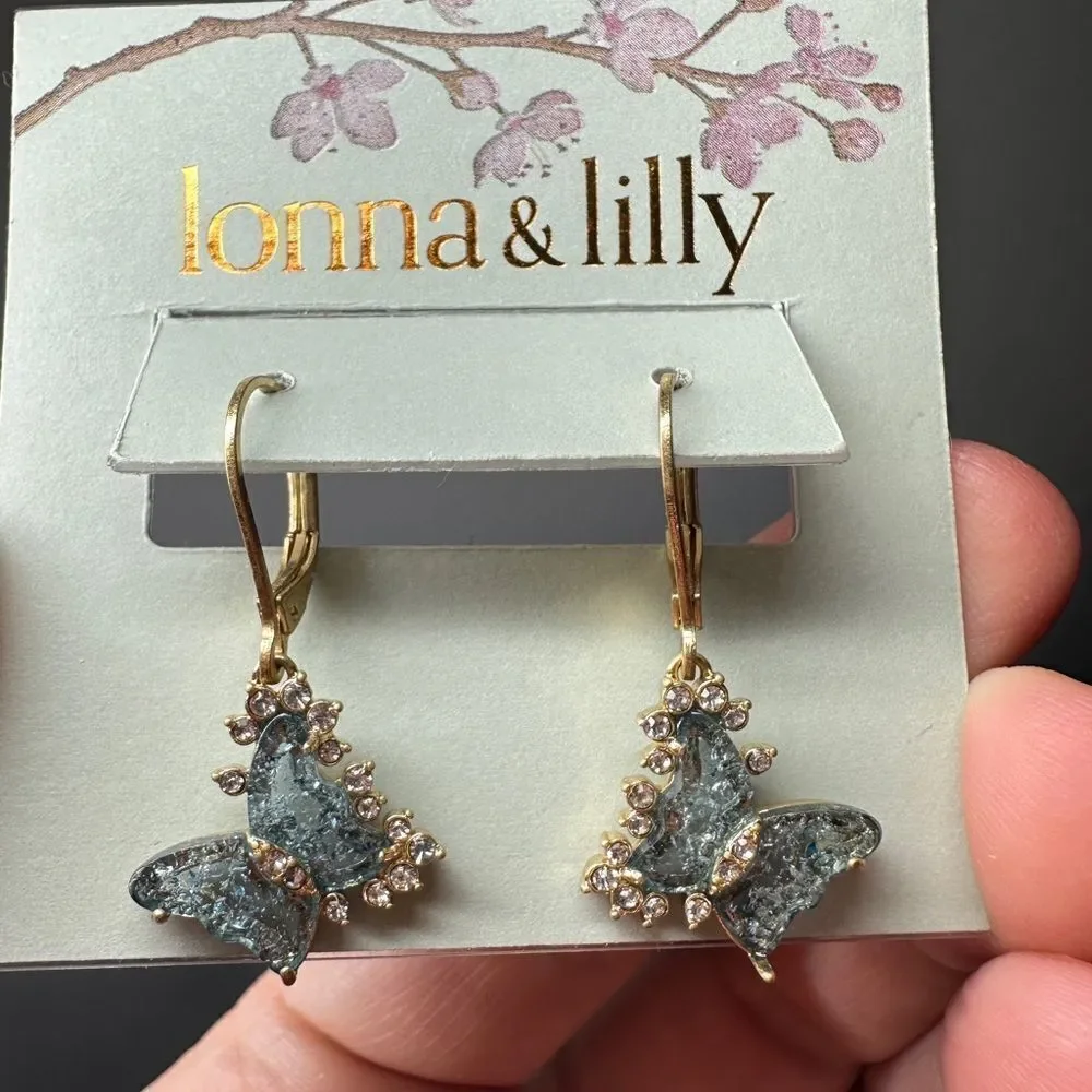 NWT lonna & lilly butterfly and rhinestones in gold tone dangle earrings!‎